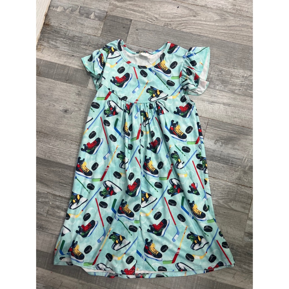 Girls Hockey Print Flutter Sleeve Dress Light Blue Cotton Spandex Size 8